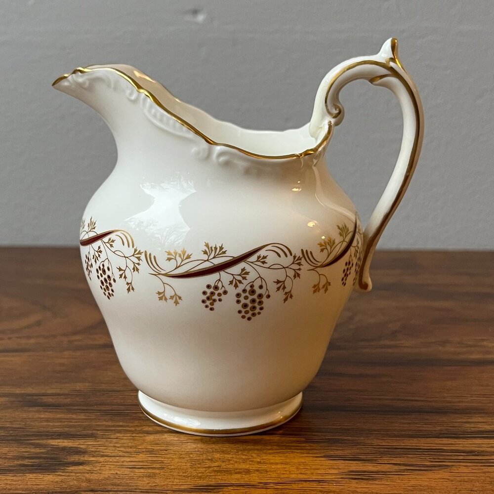 COALPORT Burgundy Pattern Creamer Cream Pitcher White Gold Grapes Vines England